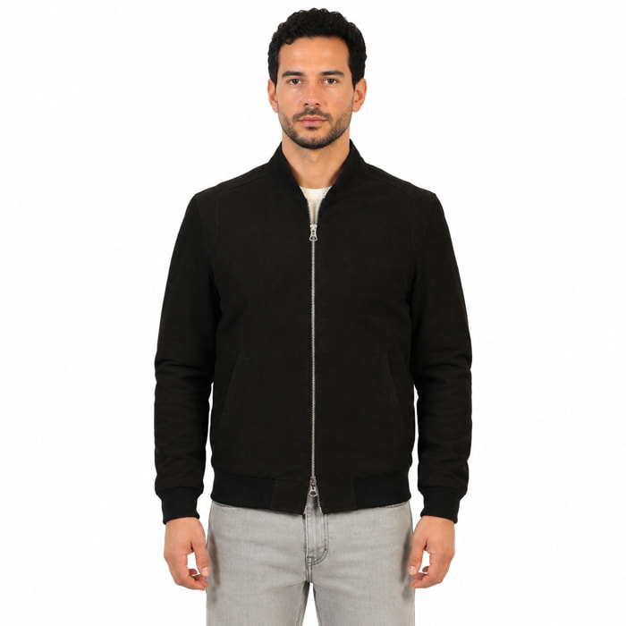 Giubbino in vera pelle di vitello scamosciata Nero-Slim Fit