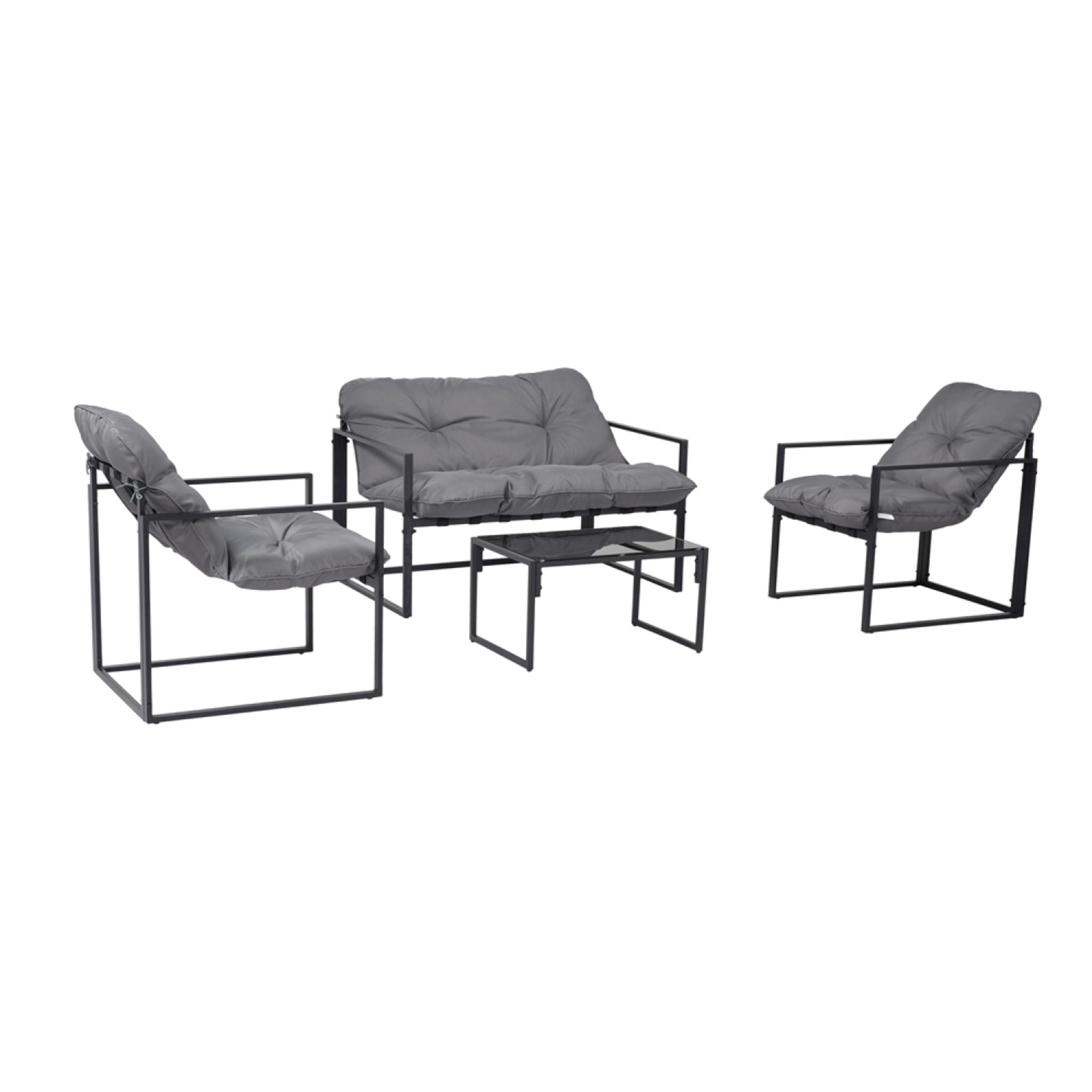 LANA Salon de jardin 4 places contemporain noir et coussins gris