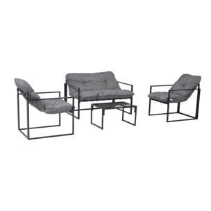 LANA Salon de jardin 4 places contemporain noir et coussins gris