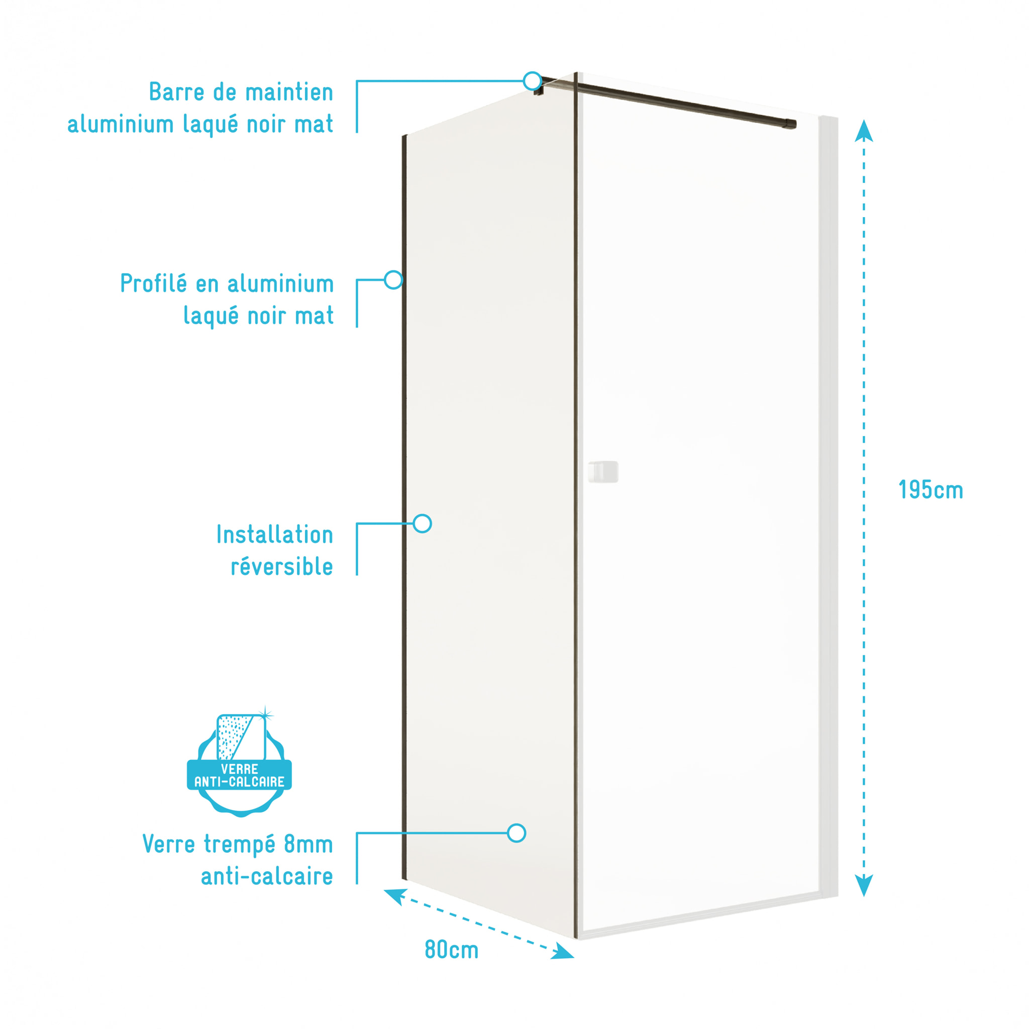 Retour pour Porte de Douche 80x195cm Verre Trempe 8mm Anticalcaire - Alu Noir - DARK ELEMENTARY