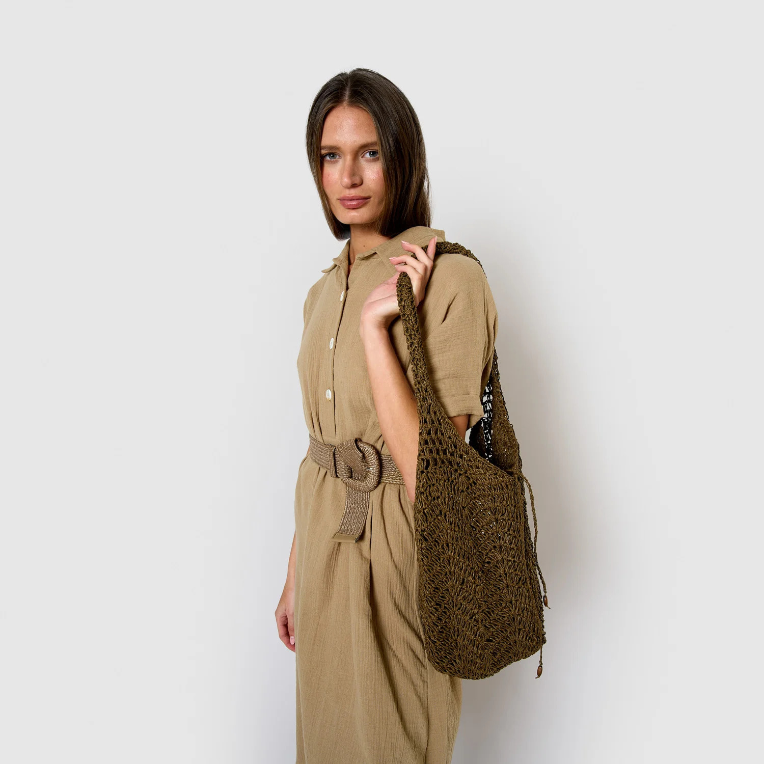 Vestido midi manga fluida muselina cuerda