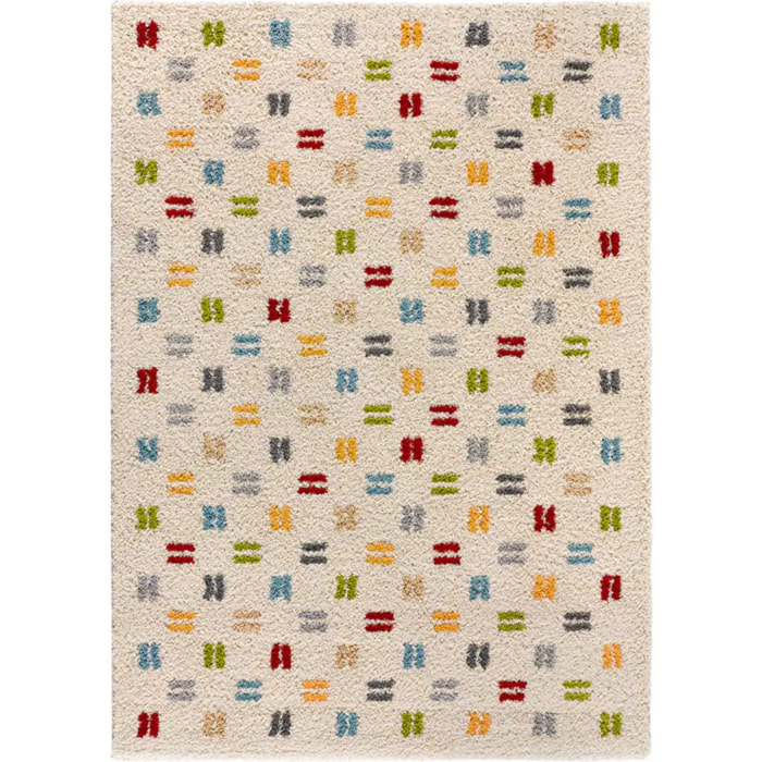 BREMEN Alfombra shaggy geométrica en blanco y motivos multicolor, varias medidas disponibles