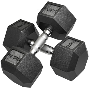 Juego de Mancuernas Hexagonales, 2 x 12,5 kg, de Hierro Fundido, Recubiertas de Goma, Juego de Pesas con Barras de Conexión para Entrenamiento en Casa, Gimnasio y Oficina, Negro y Plata