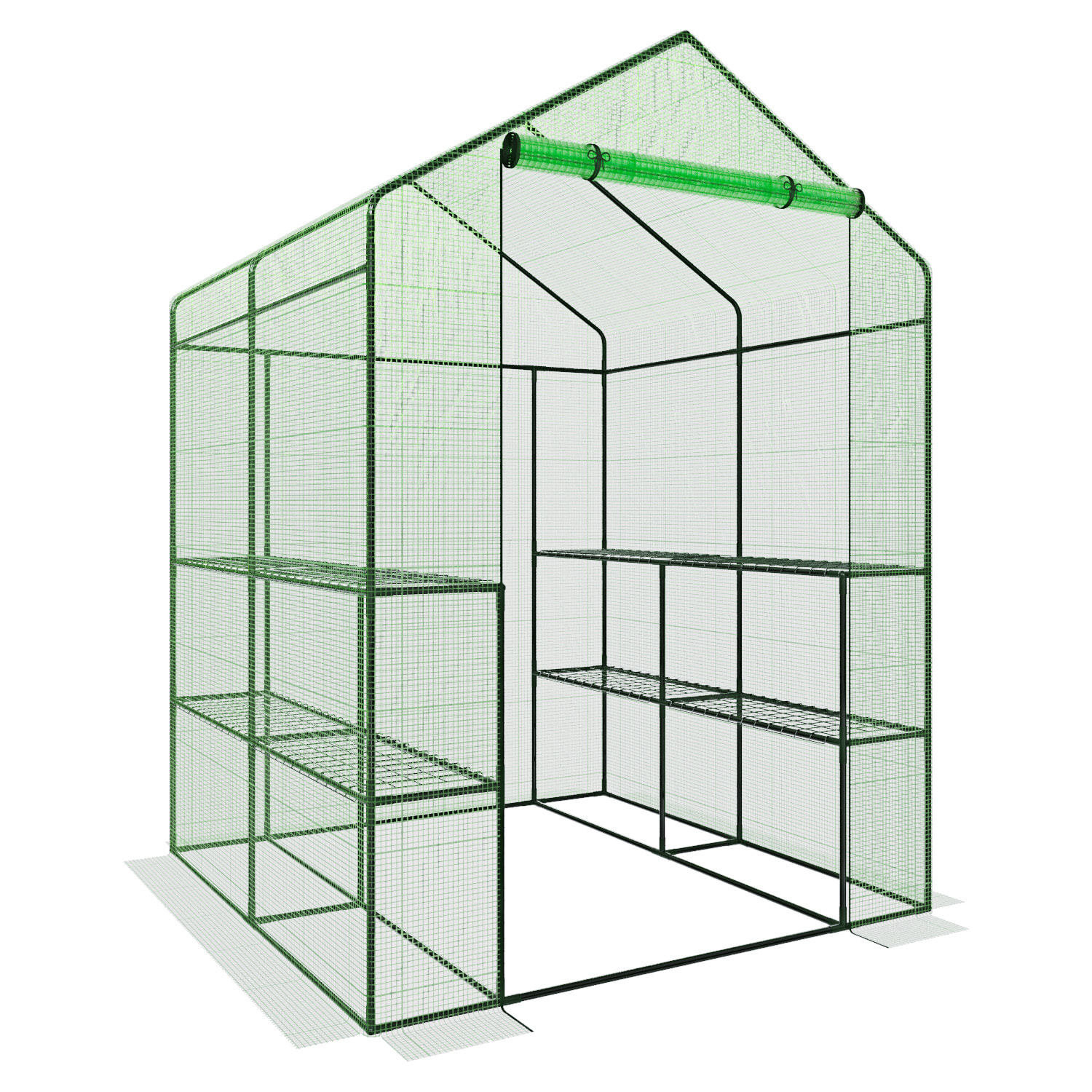 Serra Da Giardino Con 8 Scaffali Ripiani Per Piante Orto Telaio Acciaio Verniciato Telo PE Verde Porta Avvolgibile Apertura A Cerniera 143x138x190 Cm