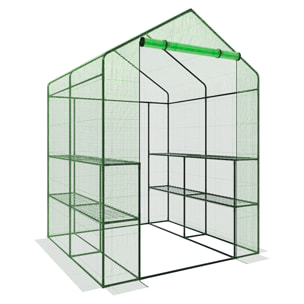 Serra Da Giardino Con 8 Scaffali Ripiani Per Piante Orto Telaio Acciaio Verniciato Telo PE Verde Porta Avvolgibile Apertura A Cerniera 143x138x190 Cm