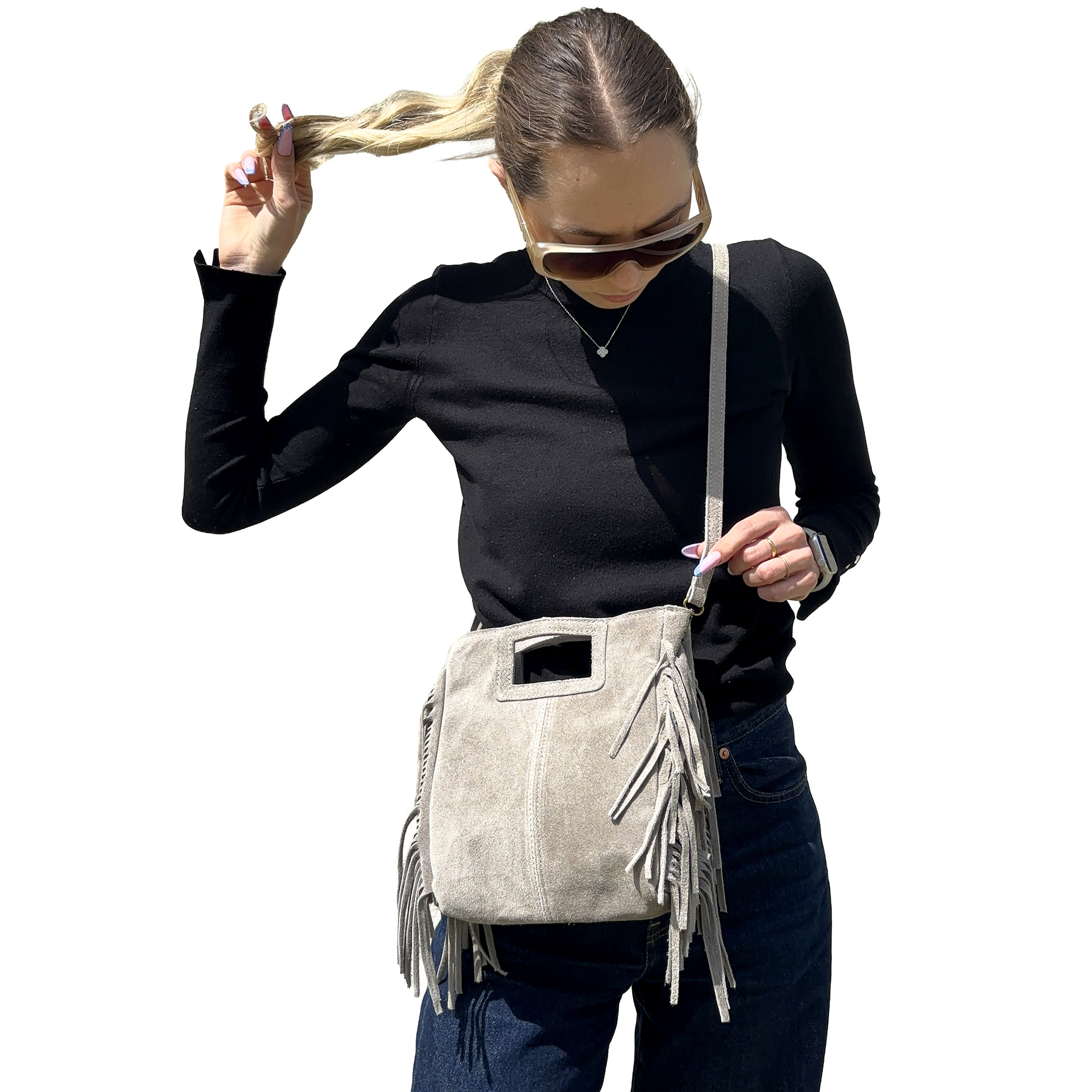 Borsa a Mano in Vera Pelle Scamosciata con Frange Made in Italy