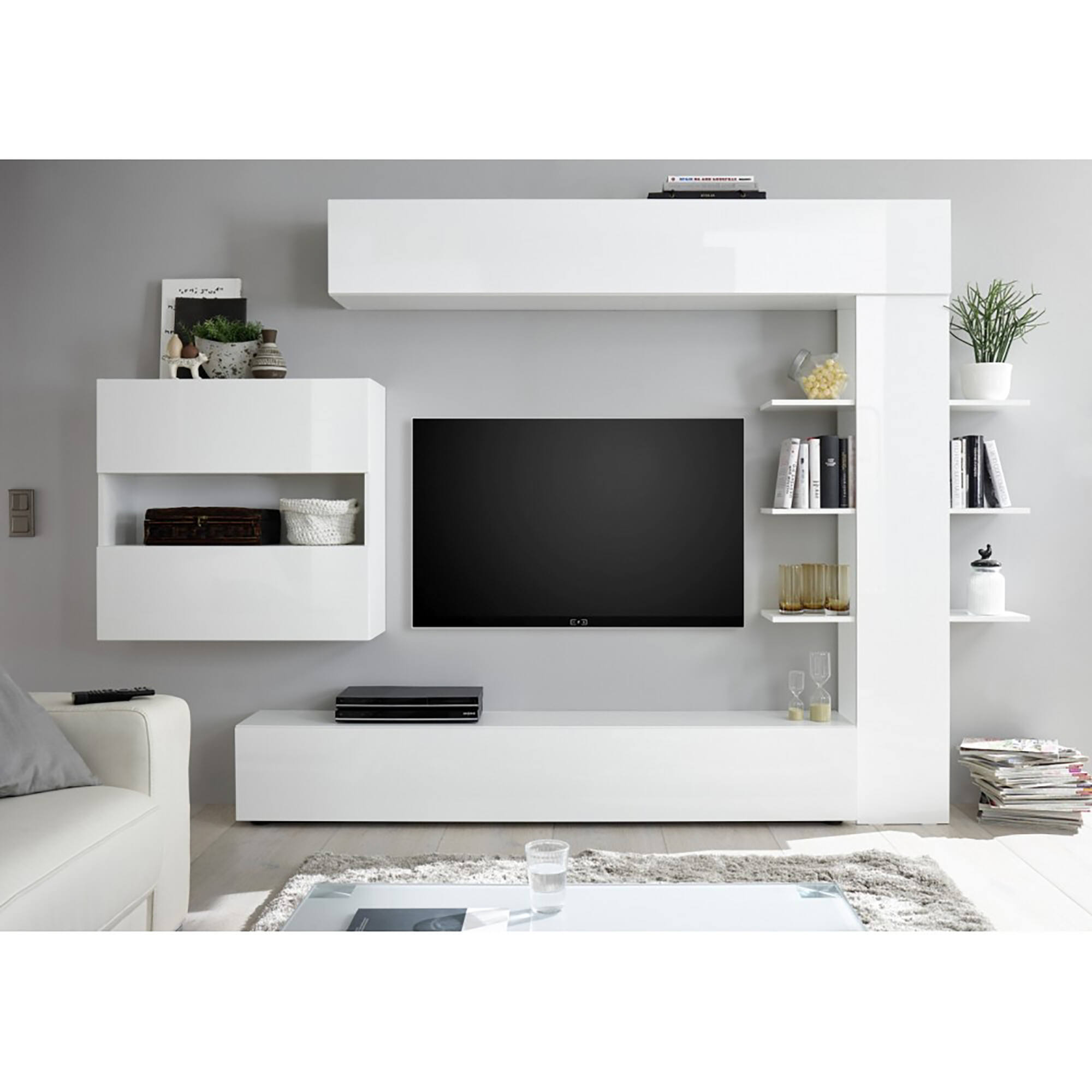 Parete attrezzata Aragosta, Composizione soggiorno, Mobile salotto multiuso, Armadio porta TV, Made in Italy, 295x30 h187 cm, Bianco lucido e Bianco