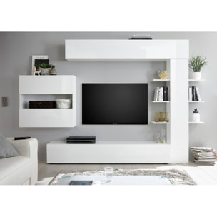 Parete attrezzata Aragosta, Composizione soggiorno, Mobile salotto multiuso, Armadio porta TV, Made in Italy, 295x30 h187 cm, Bianco lucido e Bianco