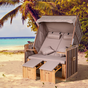 Outsunny Corbeille de plage 2 places pliable - Cabine de plage inclinable - abri plage strandkorb - coussins, repose-pieds, tablettes, pare-soleil - bois résine tressée polyester taupe