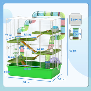 Grande cage à hamsters 5 niveaux - tunnels, abreuvoir, roue, maisonnette, échelles - dim. 59L x 36l x 69H cm - métal PP vert