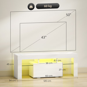 Meuble TV design blanc laqué LED réglable - 2 étagères verre trempé, niche, porte - dim. 120 x 34 x 45 cm