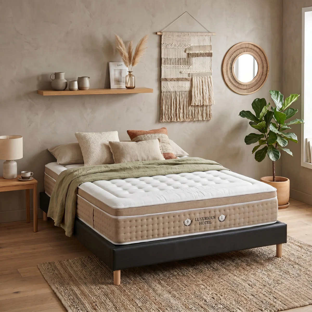 Ensemble matelas Bali & sommier Cancun | Mémoire de forme et ressorts ensachés | Cadre à lattes | Simili cuir | Noir