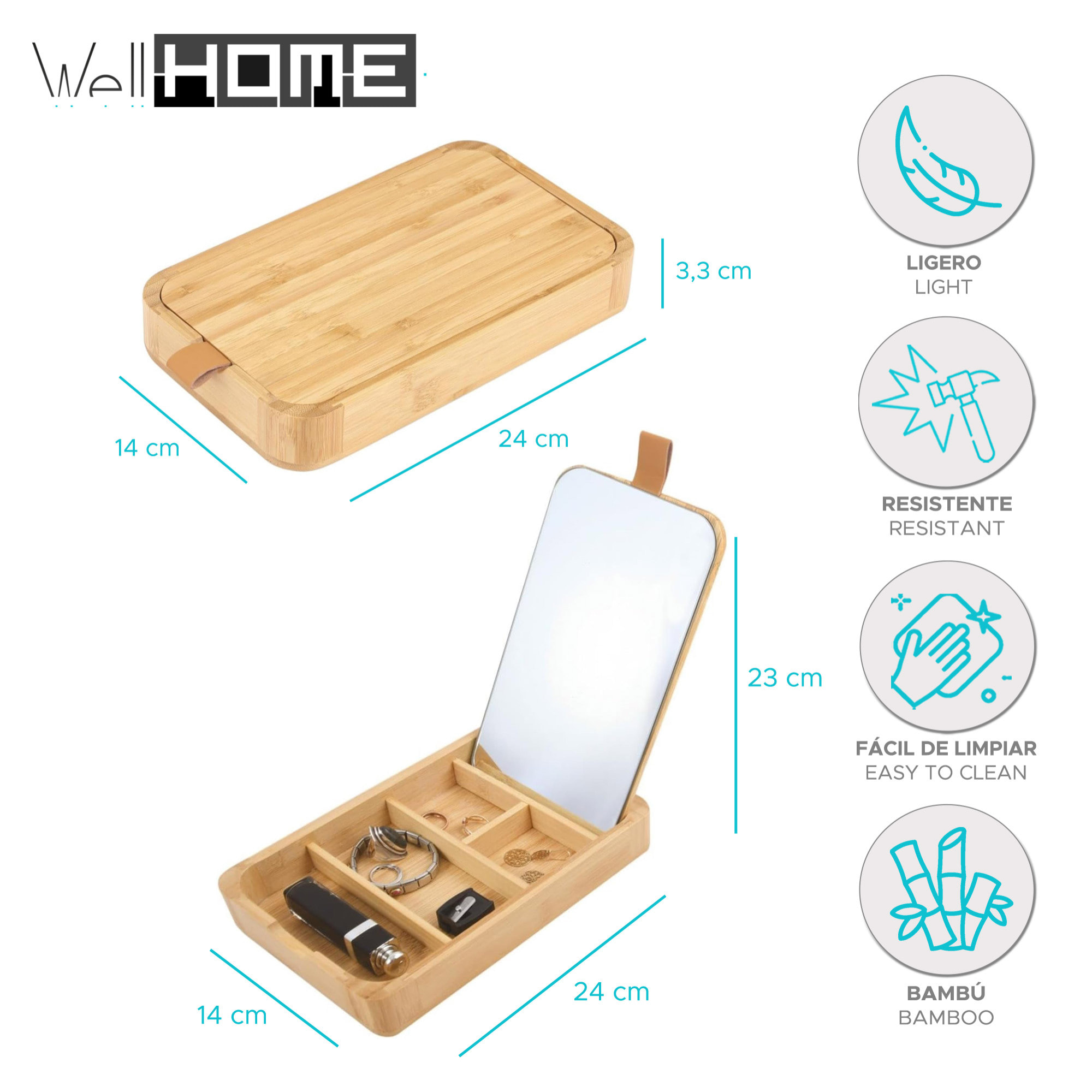 Espejo y Joyero rectangular ALAIS de Bambú en color marrón