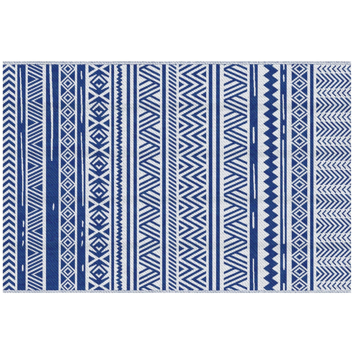 Tapis extérieur style graphique - tapis réversible - dim. 2,74L x 1,82l m, ép. 3 mm - PP haute densité 310 g/m² bleu blanc
