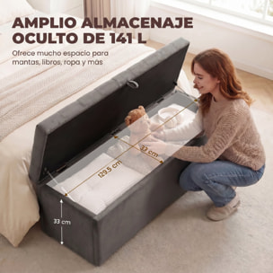 Puff Almacenaje, Banco Almacenaje, 141L, 137x41x42 cm, Tapizado en Terciopelo, Baúl de Almacenamiento, Carga 240 kg, Taburete para Sala de Estar, Dormitorio, Entrada, Gris