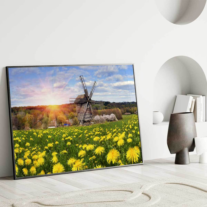 Affiche encadrée moulin à vent dans un champ fleuri Affiche + cadre en métal - Noir