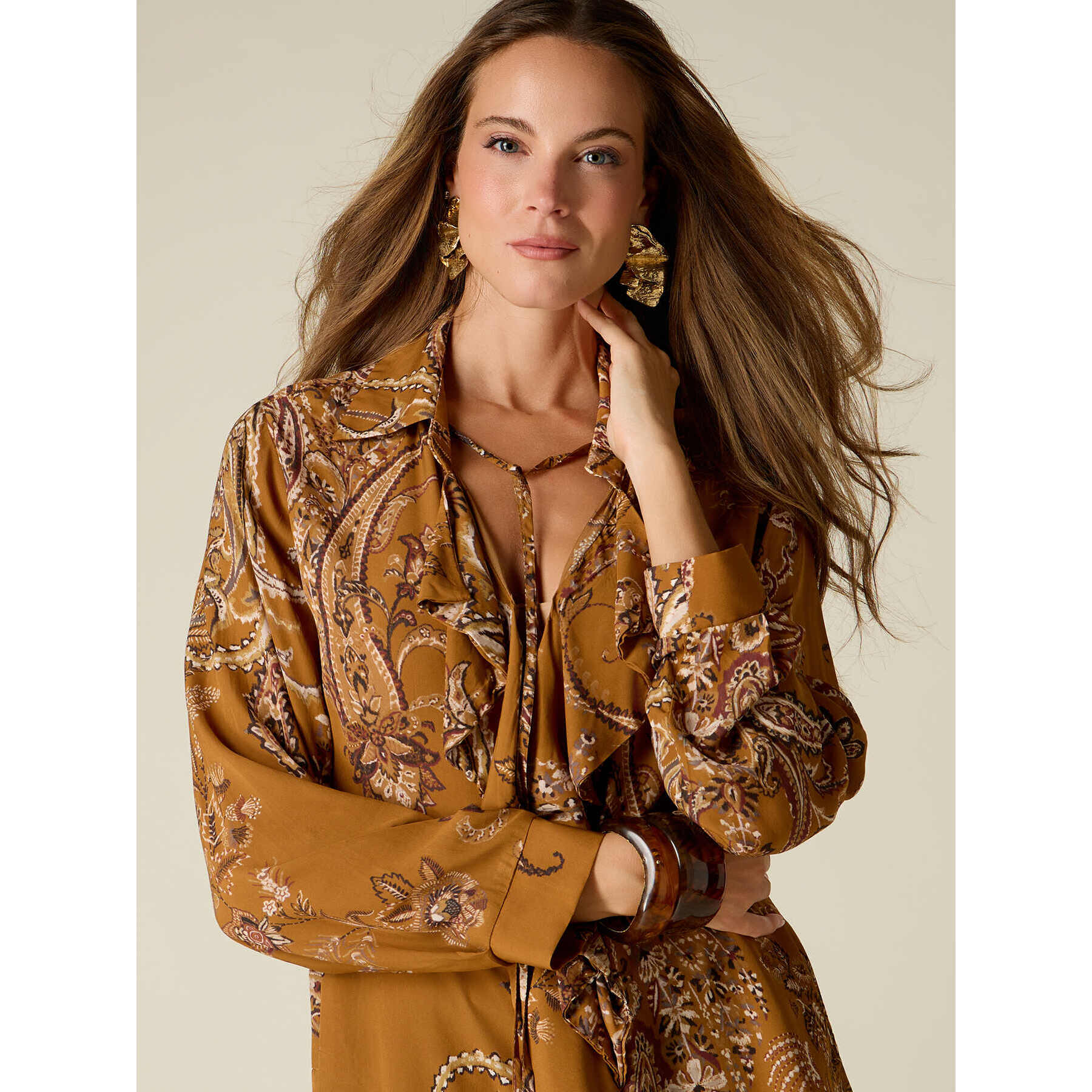 Oltre - Blusa estampada con volantes - Marrón