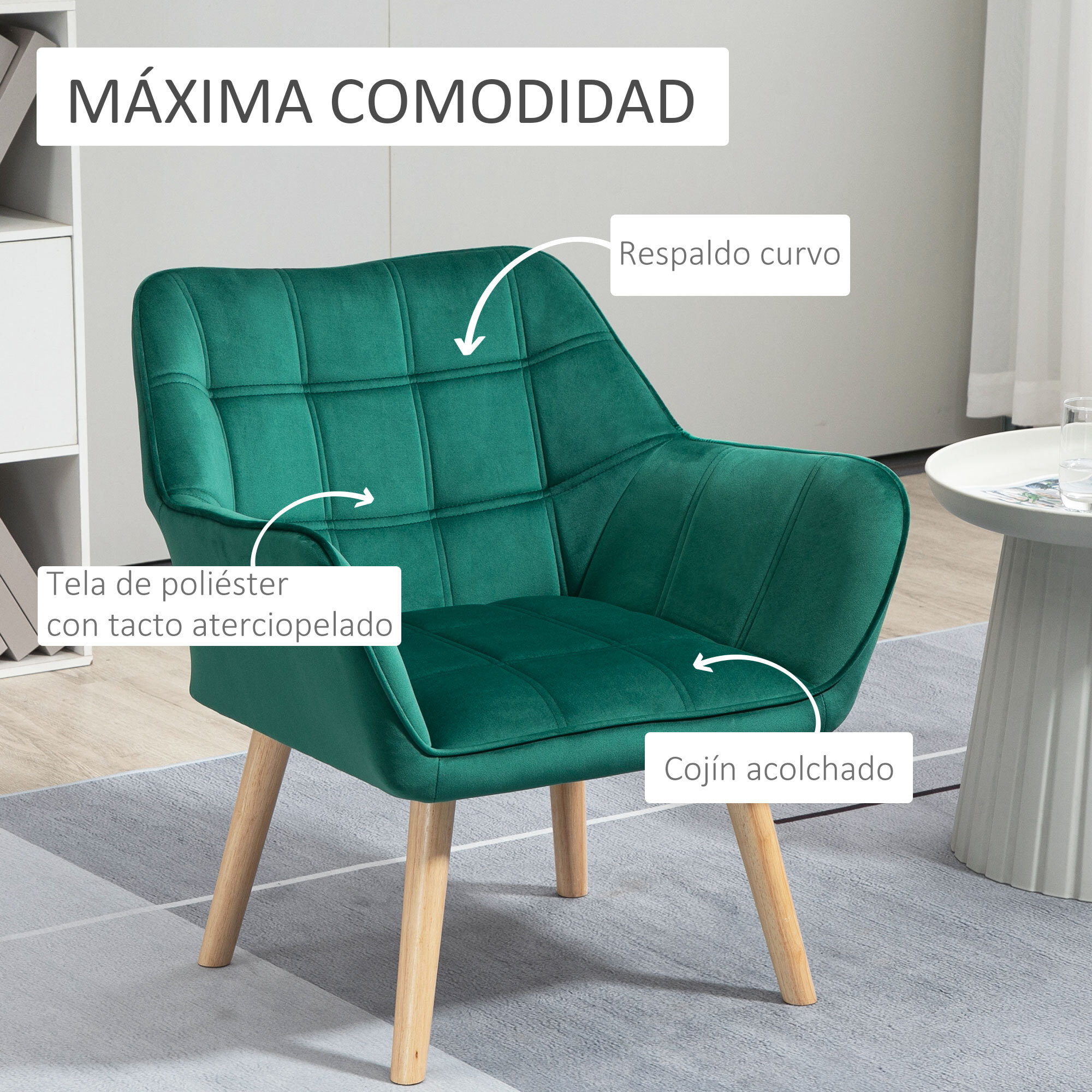 Butaca de Salón Moderna, Sillón Lectura Tapizado en Terciopelo con Asiento Ancho, Patas de Madera, Fácil Montaje, Sillón Relax para Sala de Estar, Dormitorio y Balcón, Verde