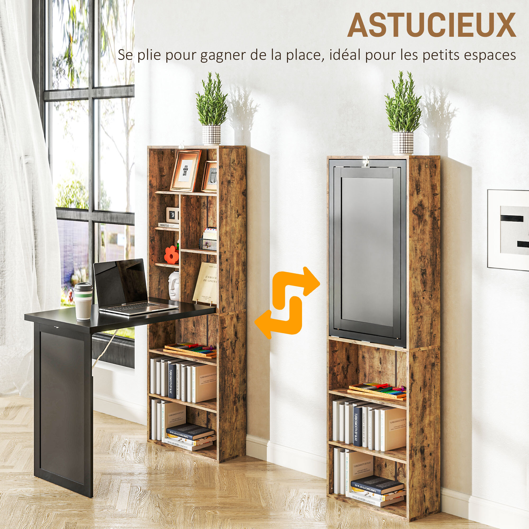 Bureau mural pliable table murale rabattable suspendue sur pied avec bibliothèque tableau à craie intégré panneaux particules bois