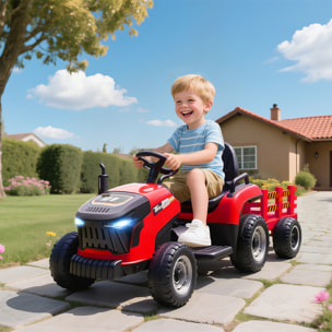 Tractor Eléctrico para Niños con Remolque Desmontable, Tractor de Juguete de Batería 12V, Velocidad 3-5 km/h, Control Remoto 2,4G, Música, Bocina, para Niños de 3-8 Años, Rojo