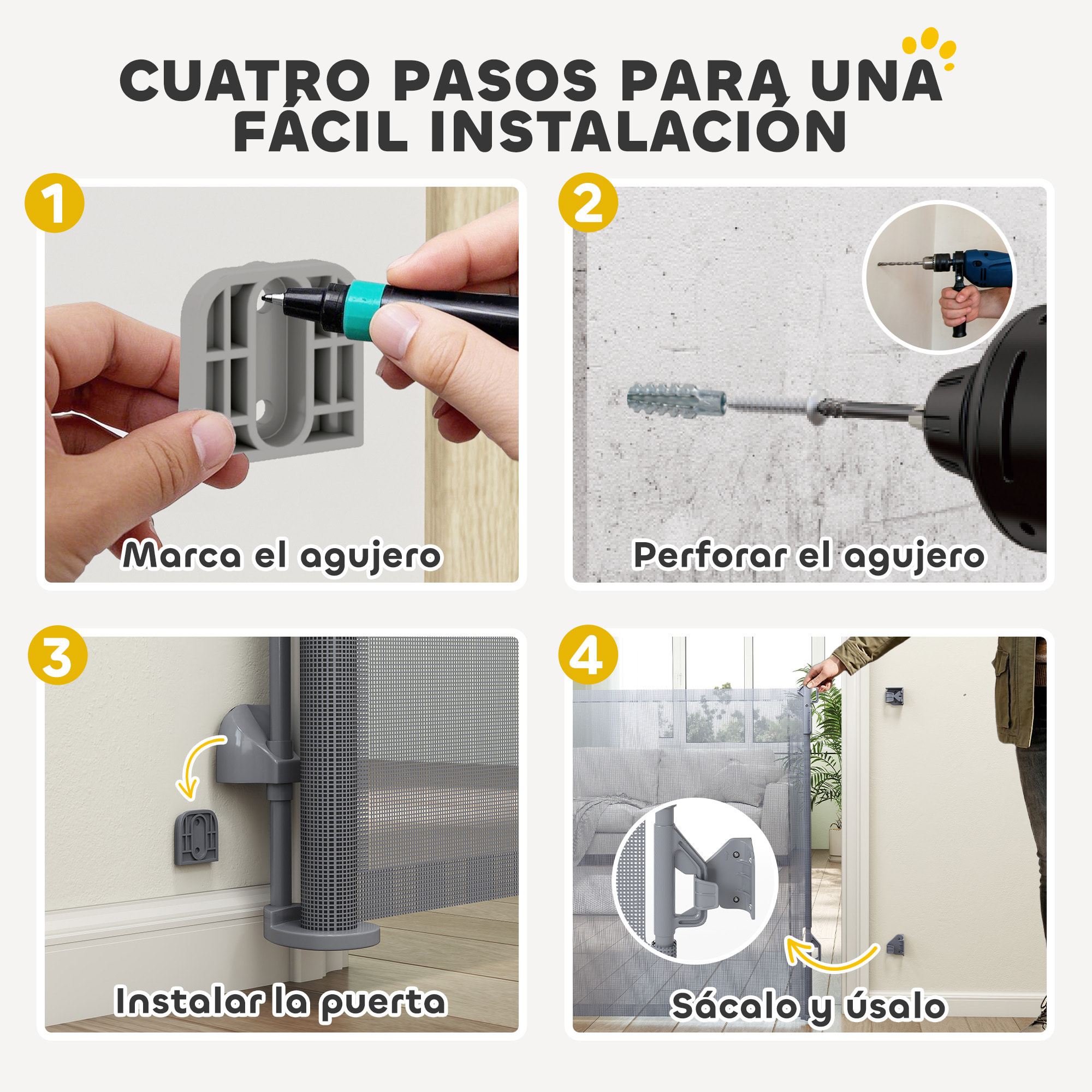 Barrera de Seguridad para Perros Retráctil, Extensible hasta 180 cm de Ancho y 93 cm de Alto, para Escaleras y Puertas, Valla para Perros Pequeños y Medianos, Uso con Una Sola Mano, Gris