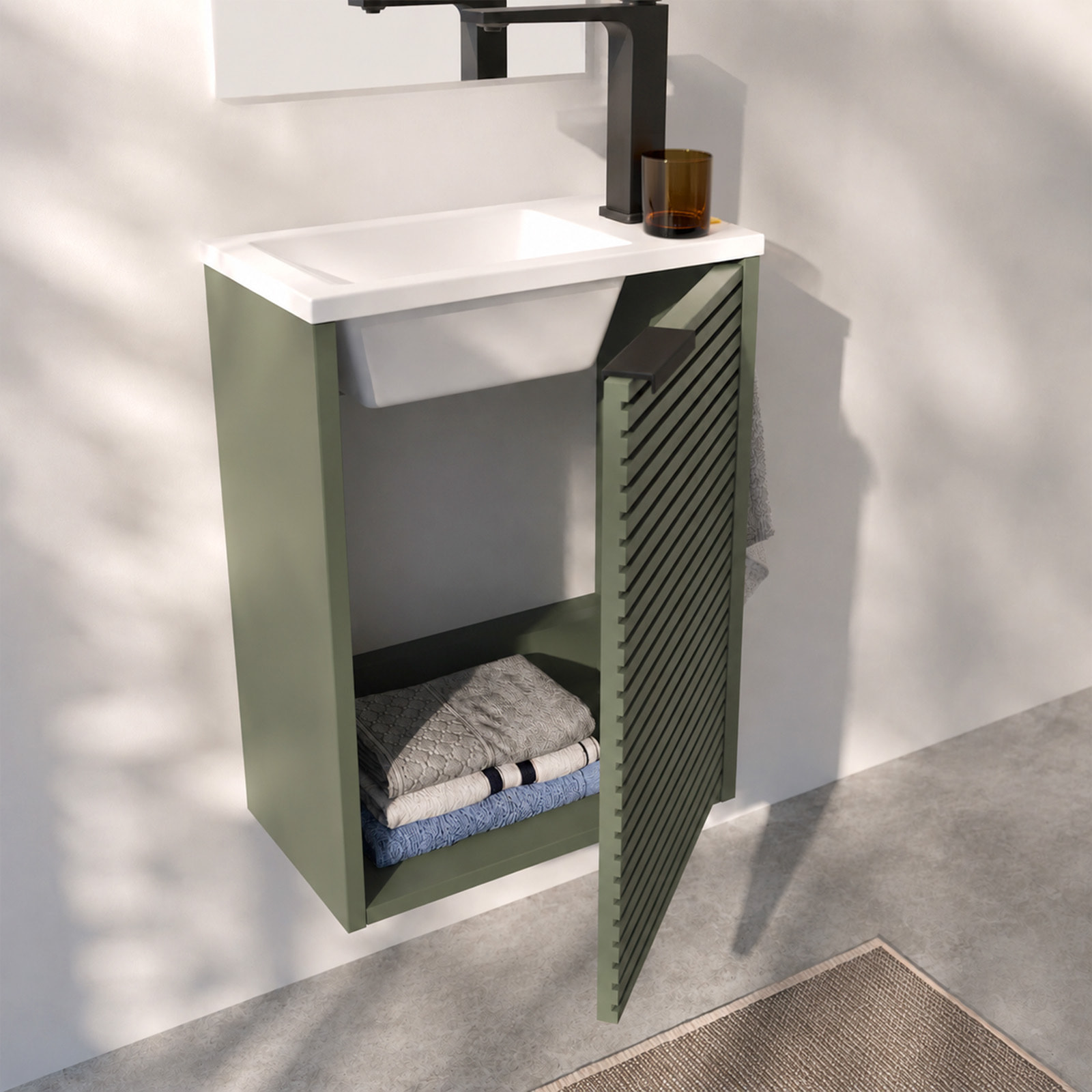 Ensemble Meuble Lave Mains Cranté Vert et Noir 40x50x22 cm - Vasque et Miroir - MALO