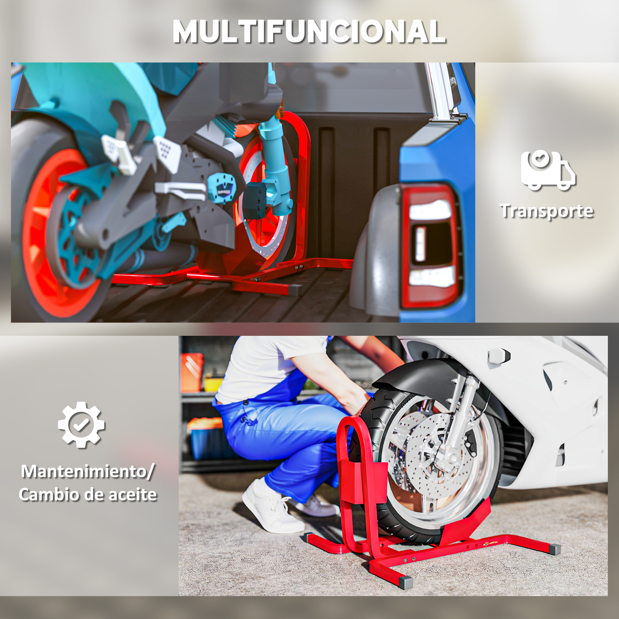 Caballete de Moto, Carga 250 kg, Soporte para Rueda Delantera de Moto Ajustable en 3 Niveles de Metal Robusto, para Ruedas ∅43, 48, 53 cm, Rojo