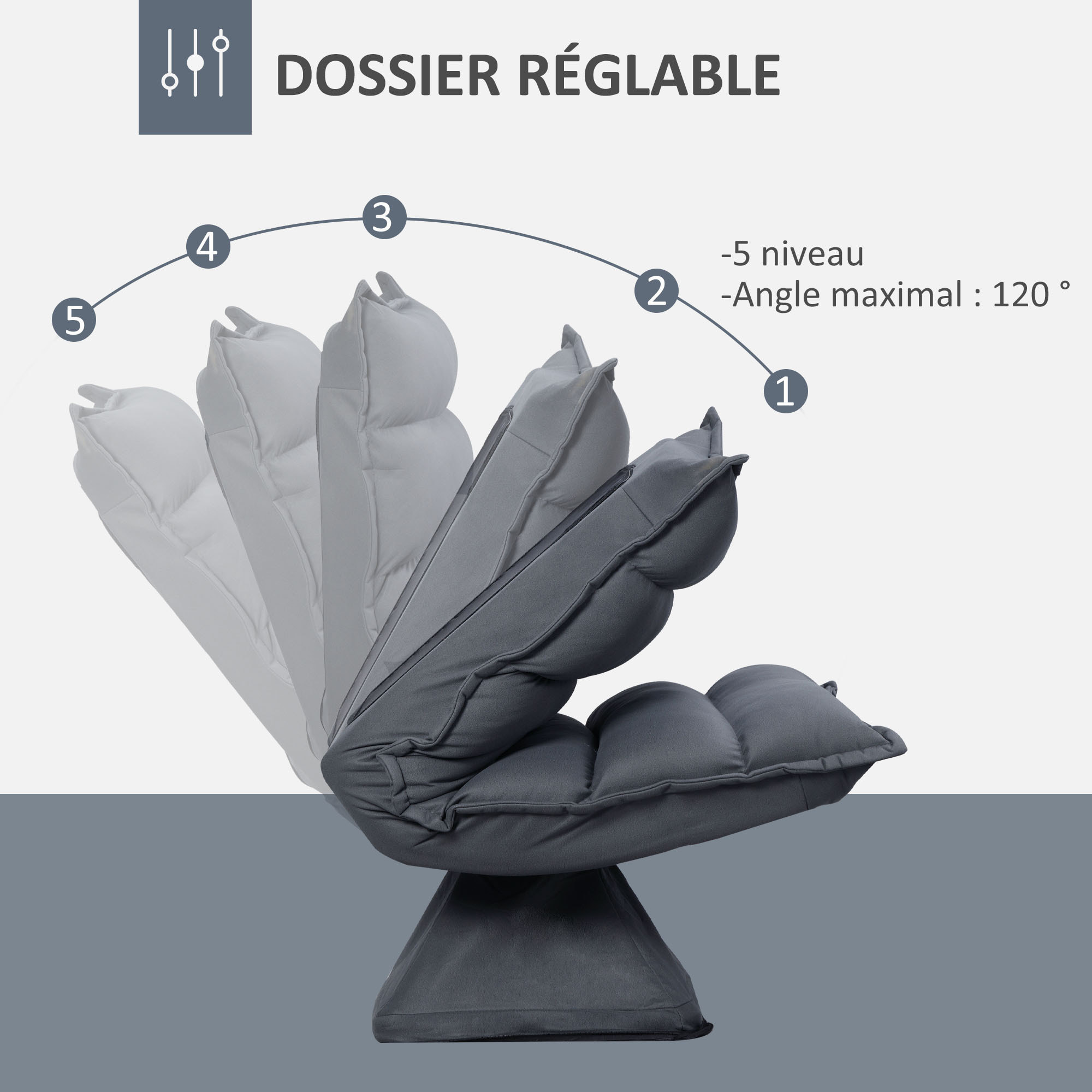 Fauteuil relax pivotant inclinaison réglable 5 niveaux tissu velours microfibre anthracite