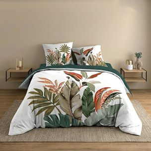 Parure de lit 3 pièces 100 % coton imprimé à motif tropical housse + taies - Vert