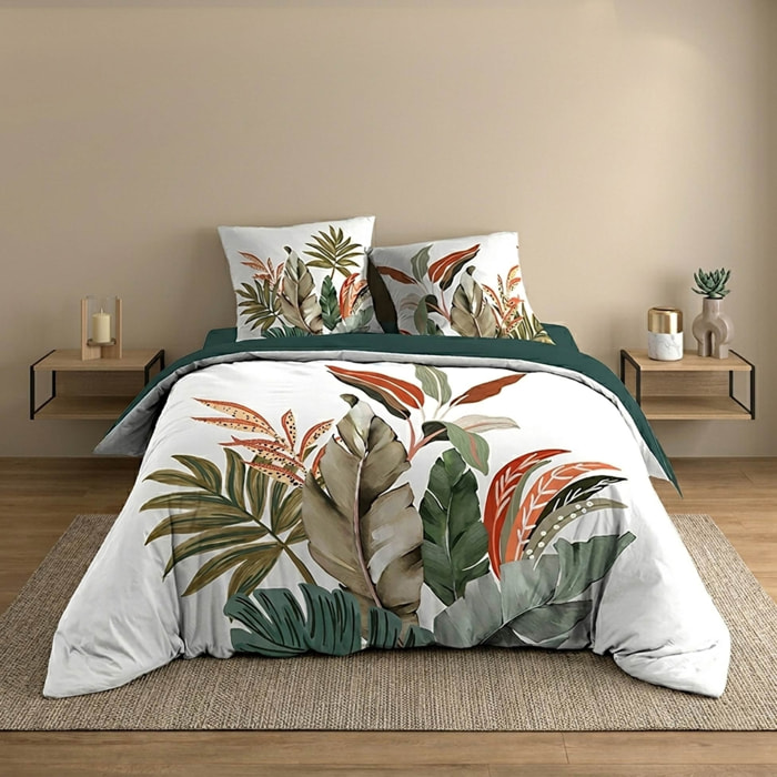 Parure de lit 3 pièces 100 % coton imprimé à motif tropical housse + taies - Vert