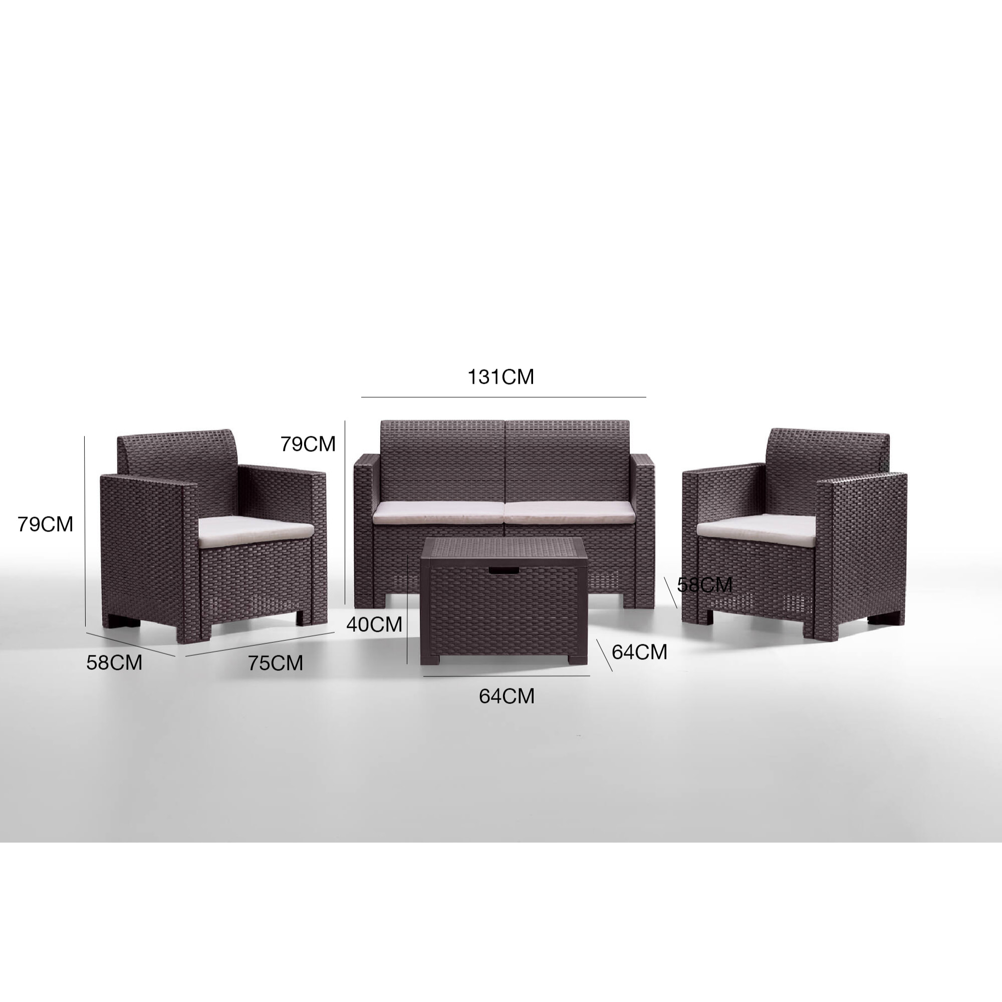 Set salotto da esterno Gazania, Salottino outdoor, Set da balcone o giardino, Composizione soggiorno per esterni, Made in Italy, Marrone