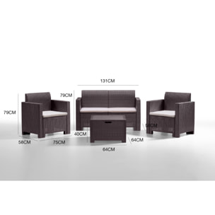 Set salotto da esterno Gazania, Salottino outdoor, Set da balcone o giardino, Composizione soggiorno per esterni, Made in Italy, Marrone