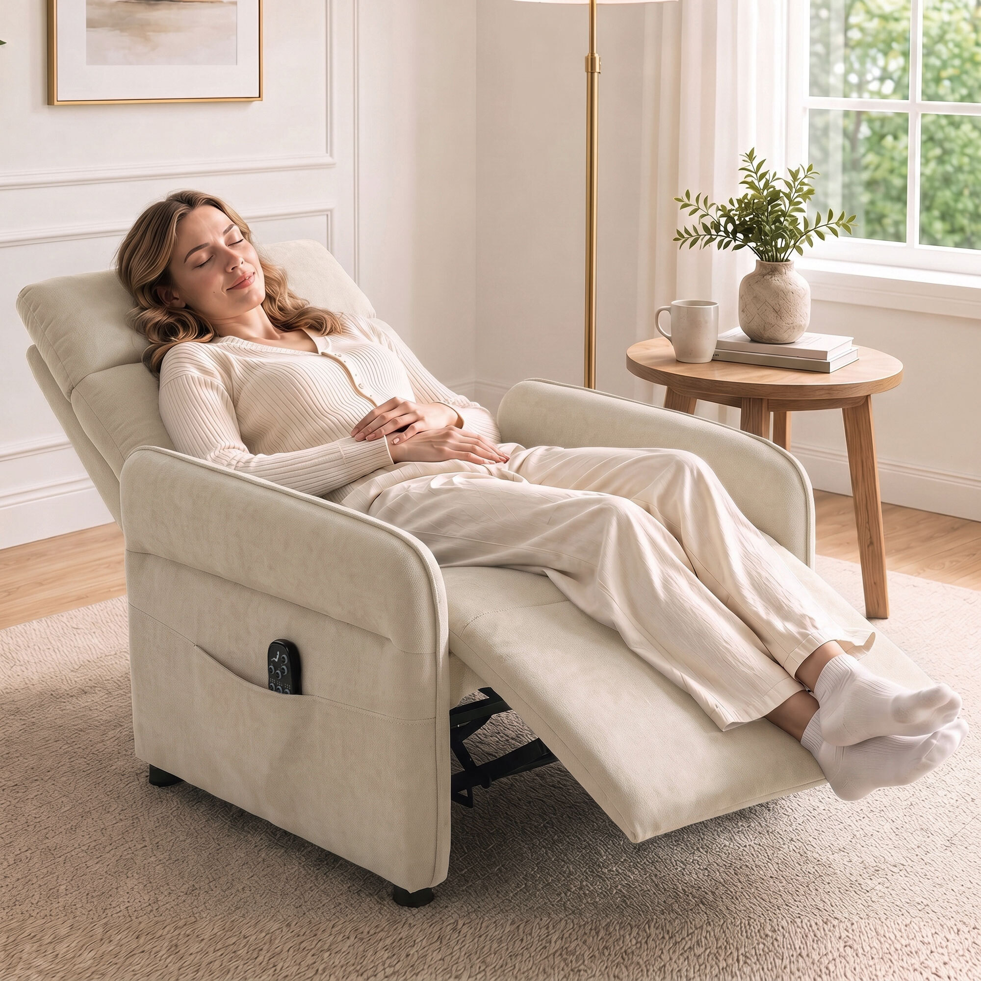 HOMCOM Sillón de Masaje, Sillón Relax Reclinable 135° Manual, Calor Lumbar, Mando a Distancia, Reposapiés, 8 Zonas de Masaje, Reposabrazos Ajustables, Asiento Muelles, Bolsillos, Tapizado Rizo, Beige