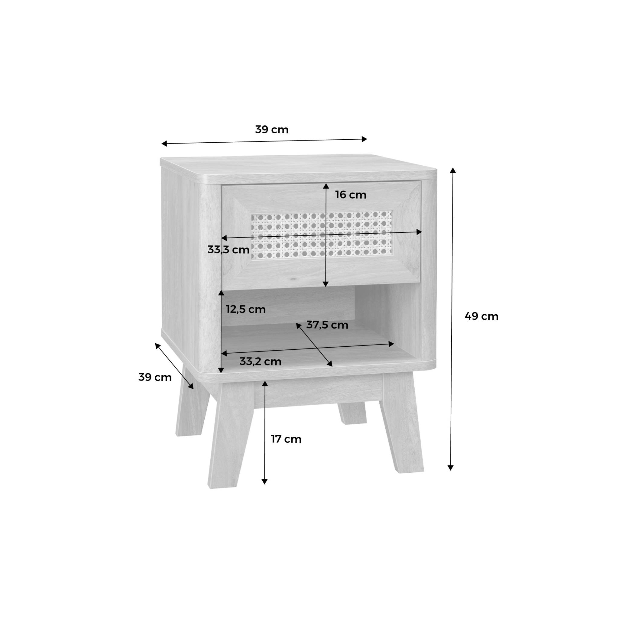 Lot de 2 tables de chevet avec 1 tiroir et 1 niche effet bois et cannage. pieds eucalyptus