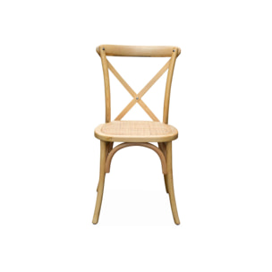 Lot de 2 chaises de bistrot en bois de cédrèle naturel. vintage. assise en rotin. empilables