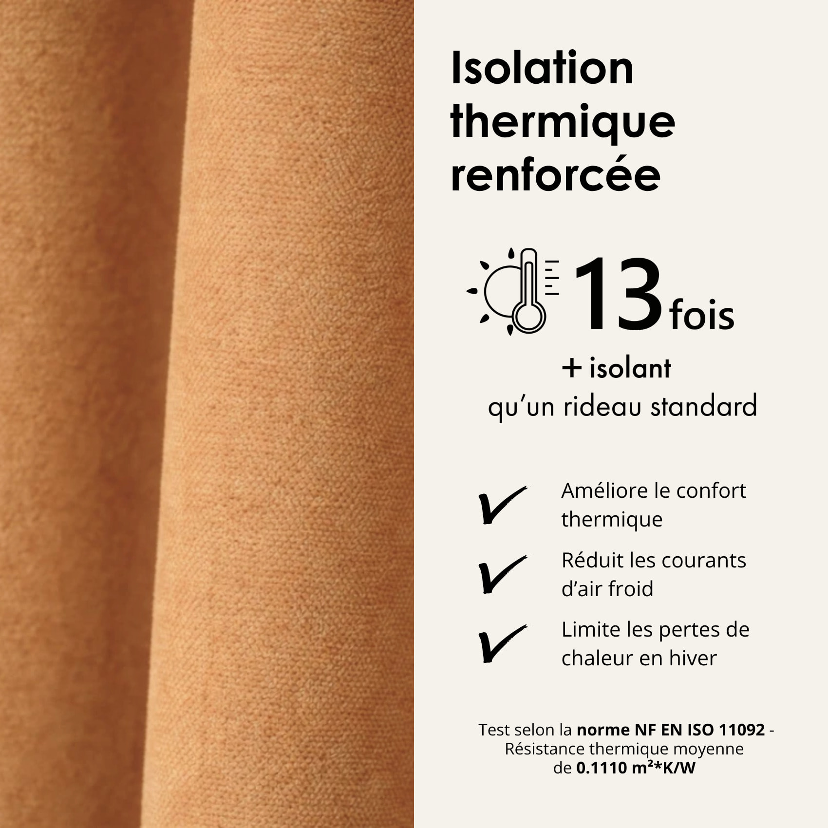 Rideau thermique phonique et semi occultant à galons fronceurs KONFOR - Jaune Ocre