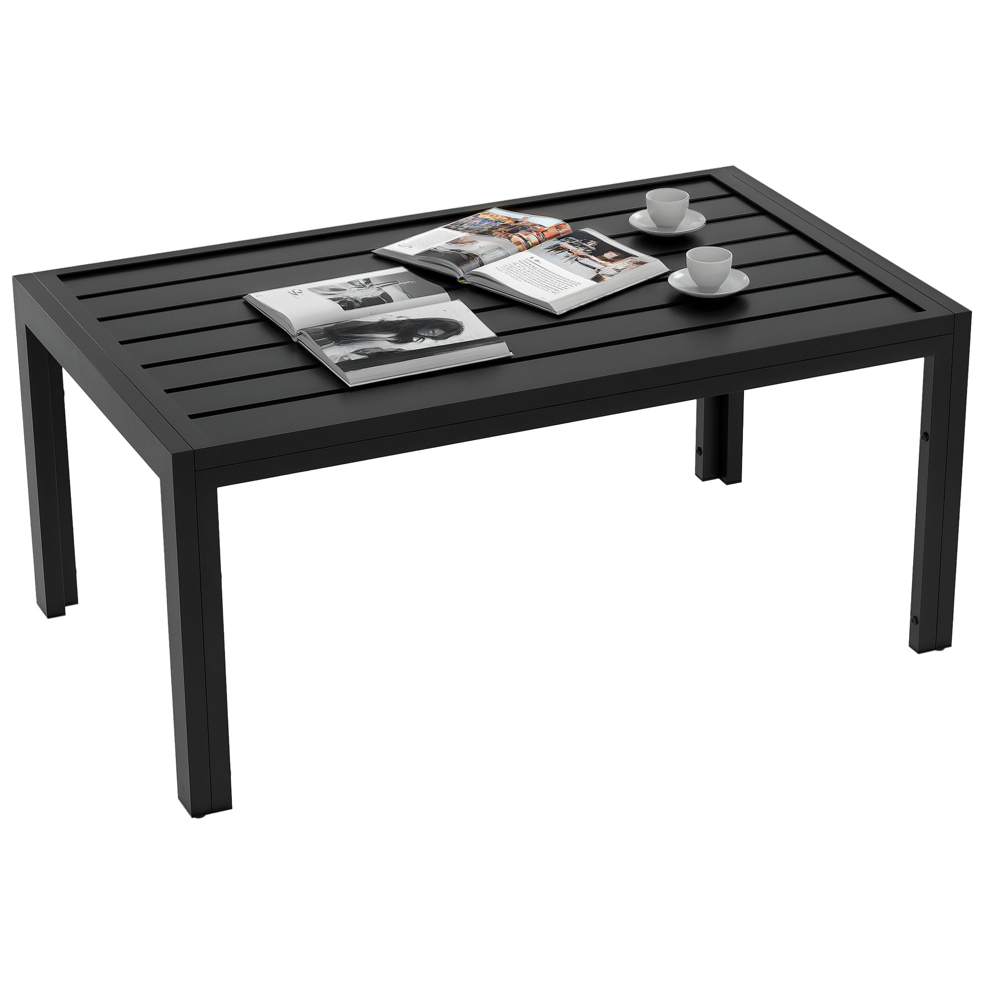 Mesa de Centro de Jardín Rectangular, Mesa Auxiliar con Estructura de Acero Galvanizado y Superficie de Tablillas, Mesita de Café para Patio, Balcón, Terraza o Porche, Negro