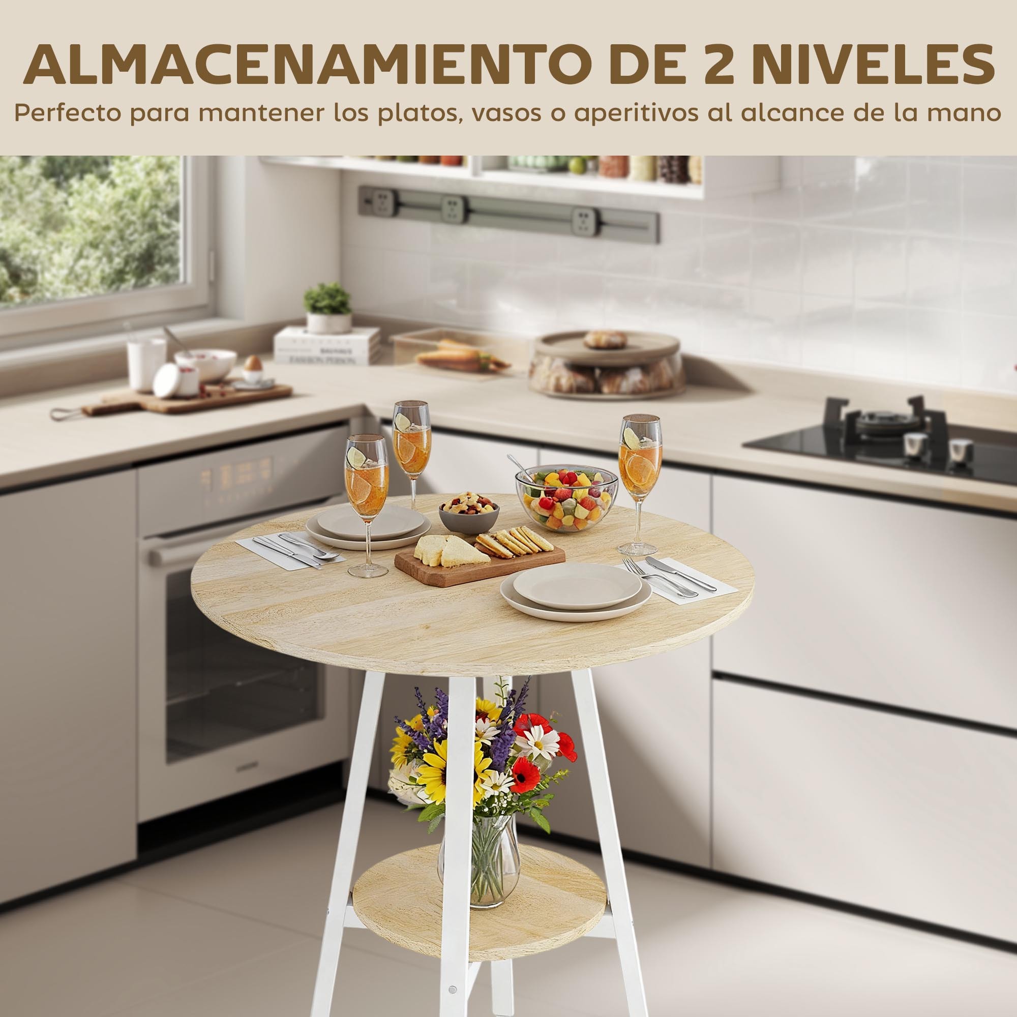 Mesa Alta Cocina Redonda con Estante de Almacenamiento, Mesa Alta Bar Moderna para 2 Personas con Marco de Metal para Salón y Comedor, 55x55x95 cm, Madera Natural y Blanco