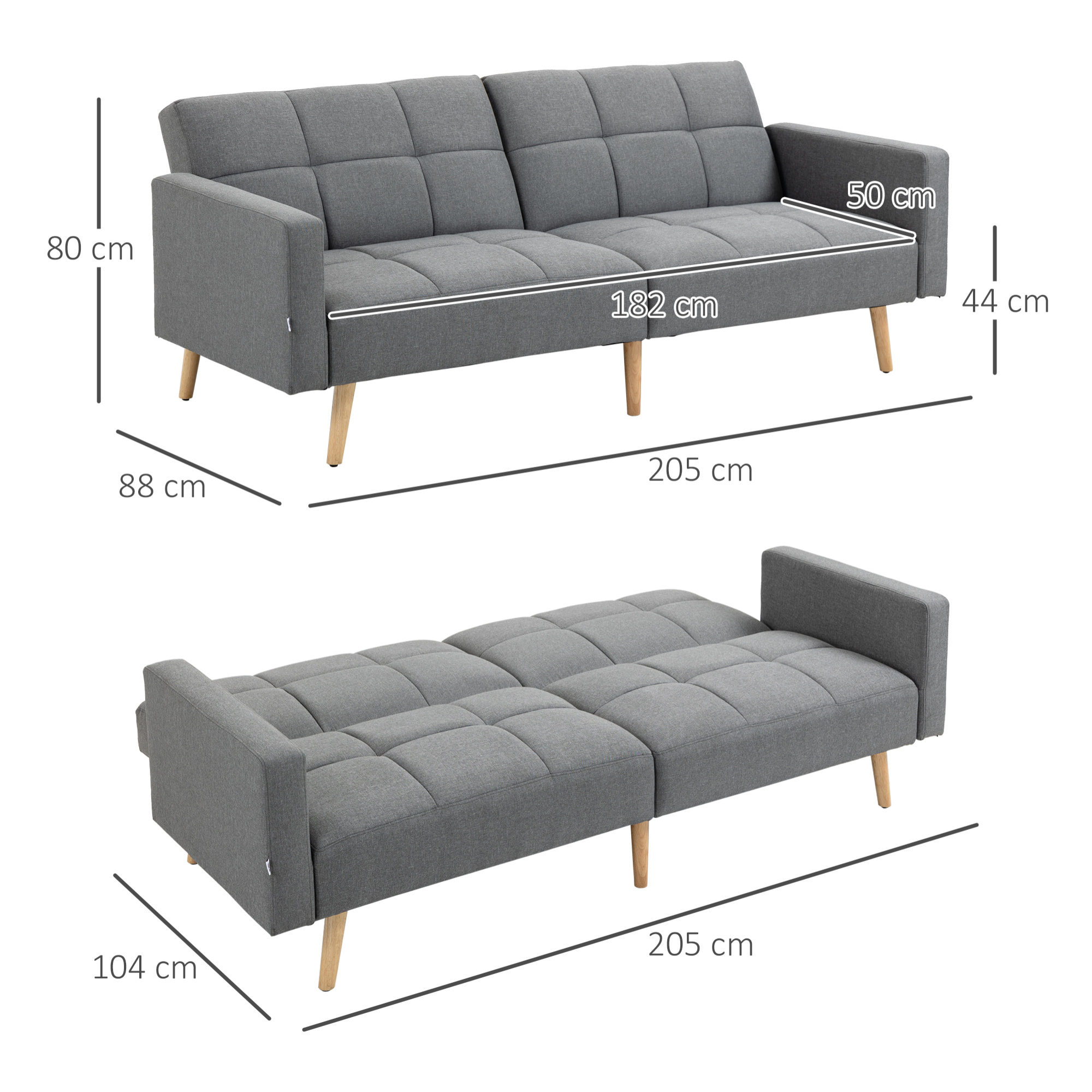 Canapé convertible 2 places design scandinave dossier inclinable 3 positions piètement bois tissu aspect lin gris