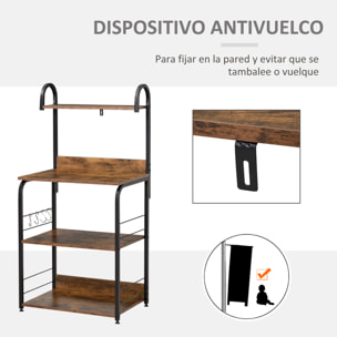 Estantería de Cocina de 4 Niveles Estante de Cocina con Ganchos Estantería para Microondas 60x40x125 cm Marrón Rústico y Negro