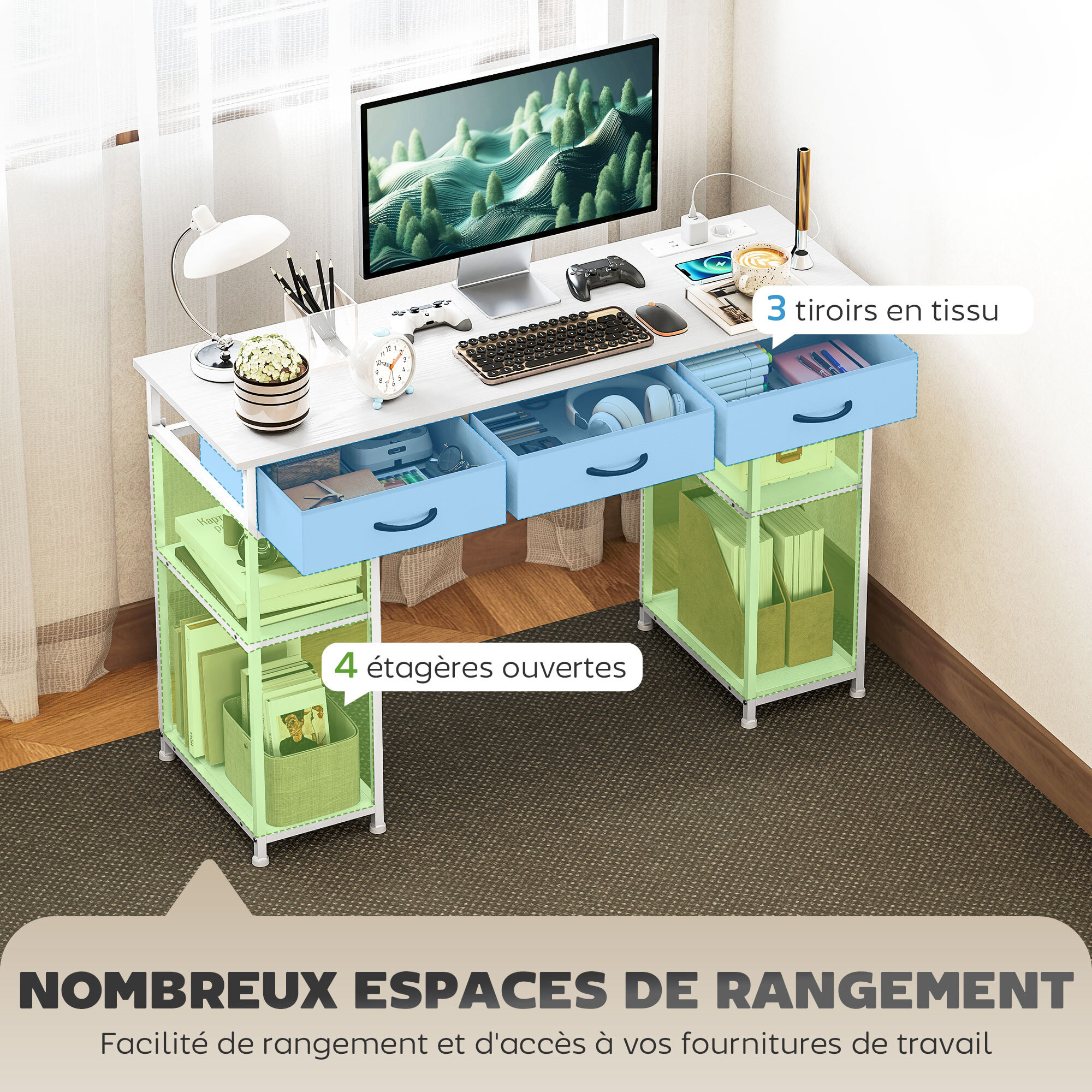 Bureau informatique multi-rangement 2 prises USB 2 prises secteur dim. 120 x 40 x 76 cm blanc