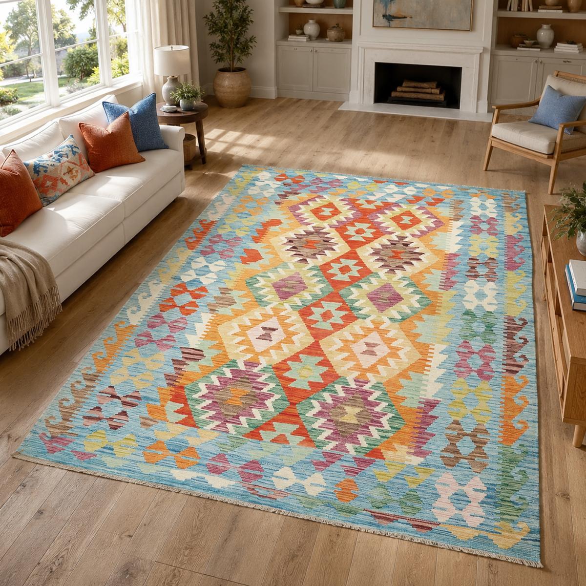 Tapis kilim ethnique, tissé plat en laine naturelle, RERUFE