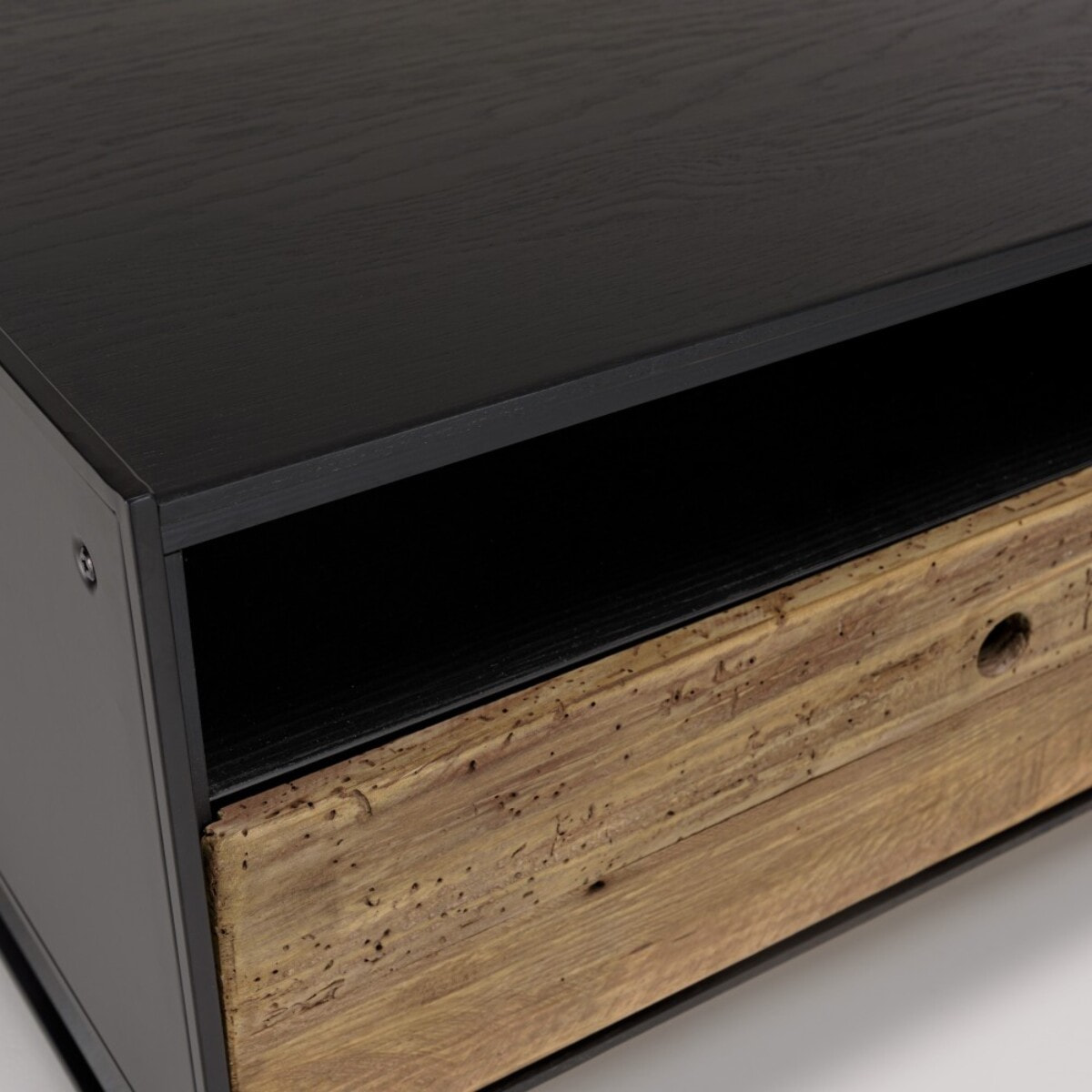 DANDY - Table basse noire 80x80cm 1 tiroir bois Pin recyclé et métal