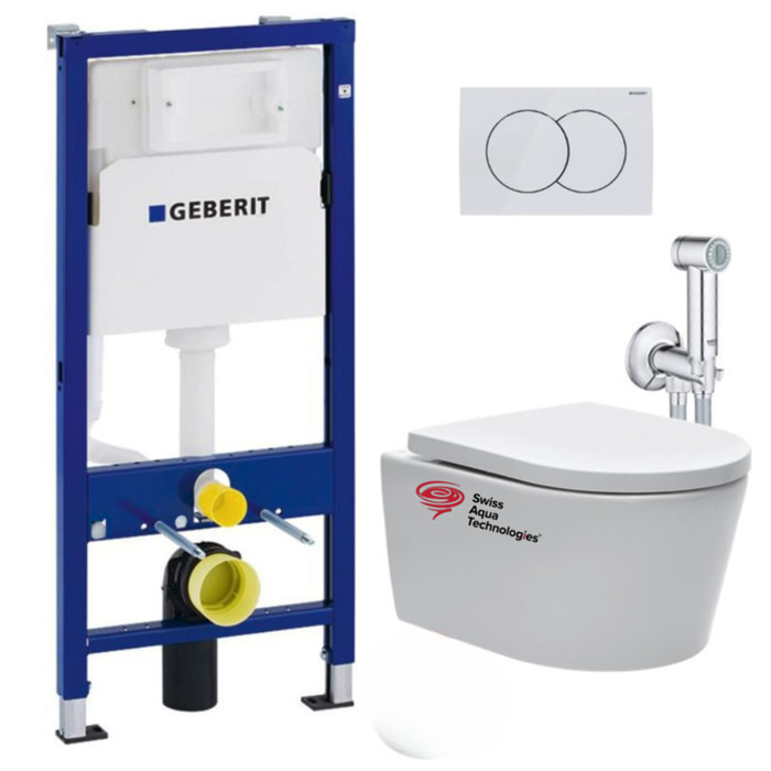 Pack WC Bâti-support Duofix + WC sans bride SAT, fixations invisibles + Abattant softclose + Douchette de bidet + Plaque blanche