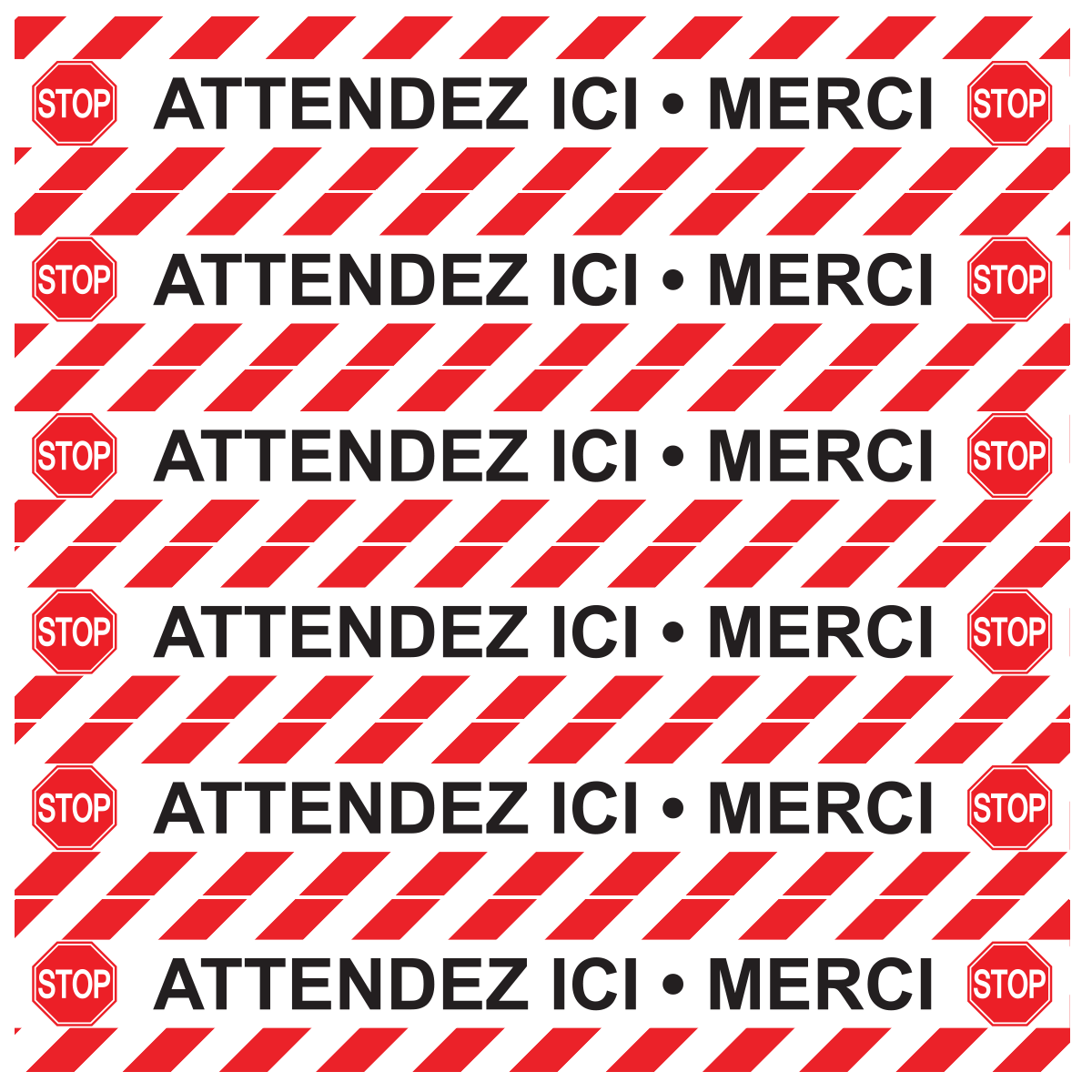 Sticker Sol avec laminat de Protection en Plastique Anti-dérapant | Stickers adhésif Sol - SOL 6 BANDES STOP COVID ATTENDEZ ICI MERCI - 1 sticker