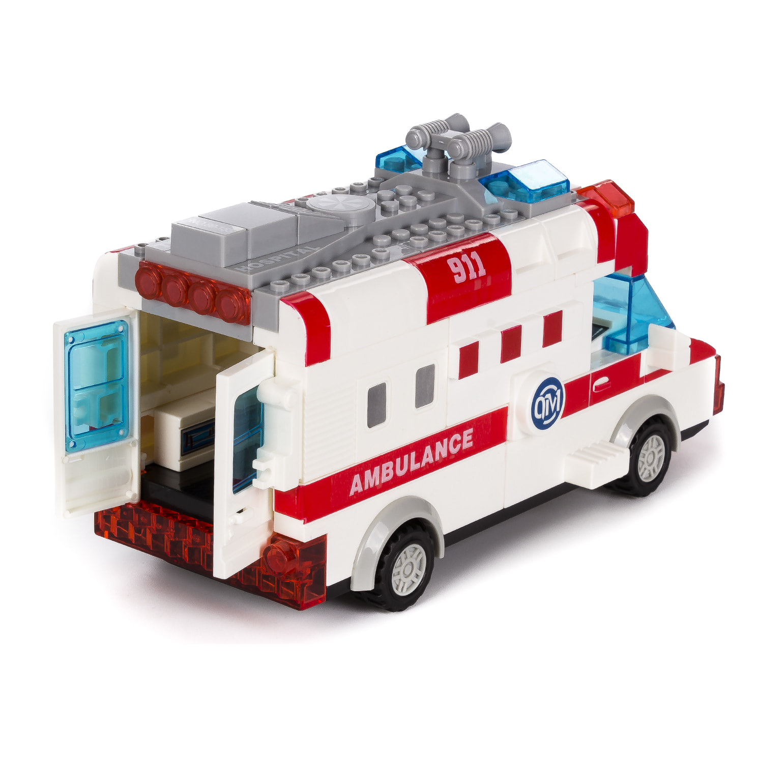 Ambulanza con luci ed effetti sonori. Da costruire, 48 pezzi. Modalità di funzionamento automatico 360°.