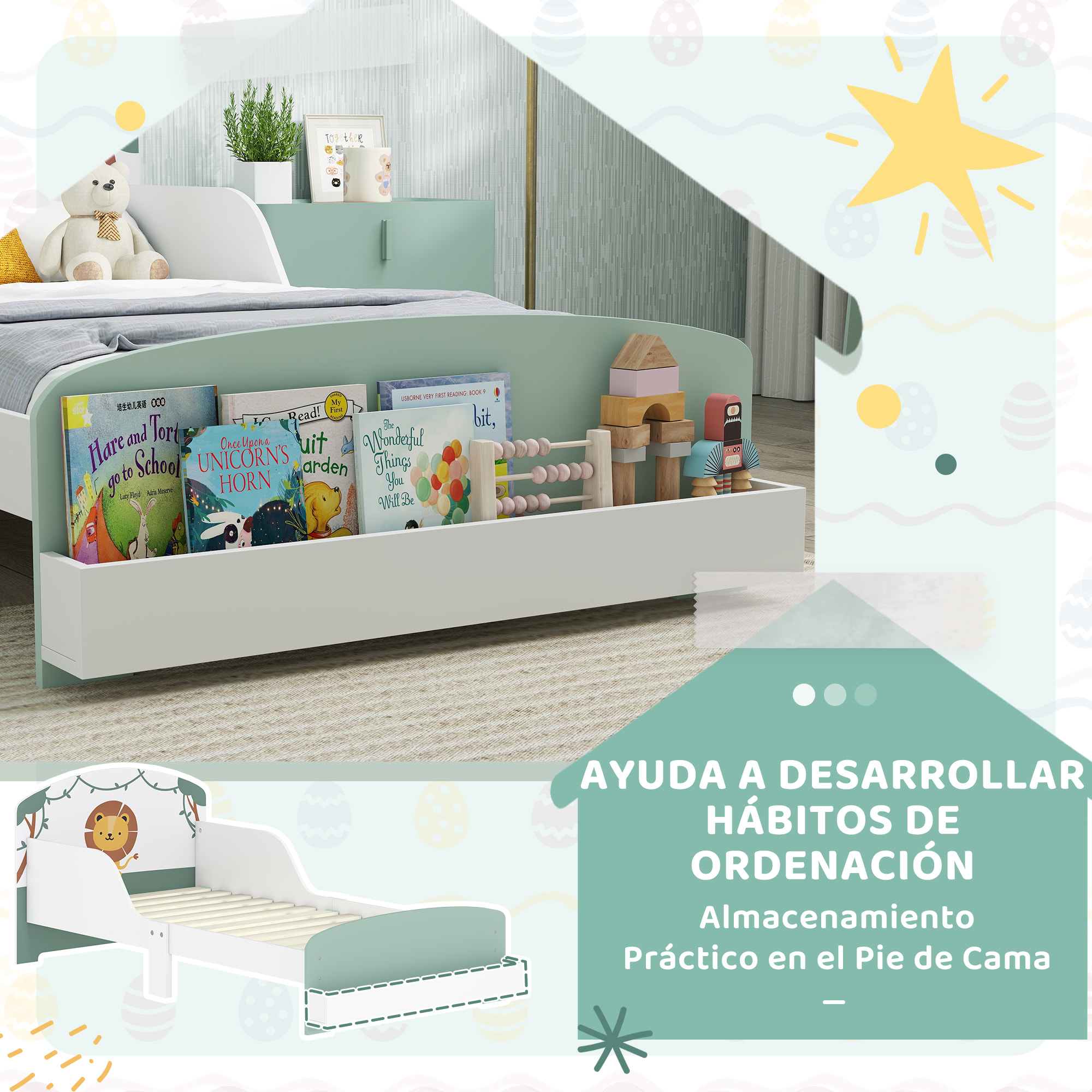 Cama infantil 70x140 cm de Madera con Almacenaje Cama para Niños de +3 Años con Protección Anticaída Cabecero en Dibujo de León Carga 40 kg para Dormitorio Verde
