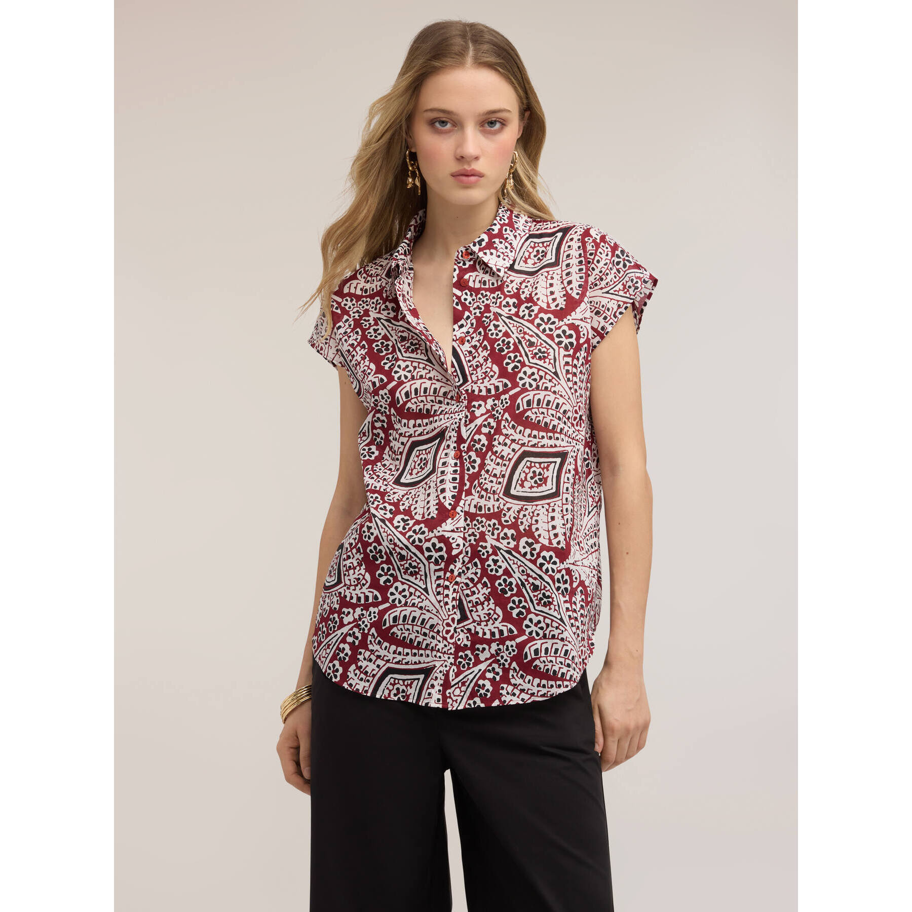 Motivi - Camisa de muselina de algodón con estampado - Burgundy