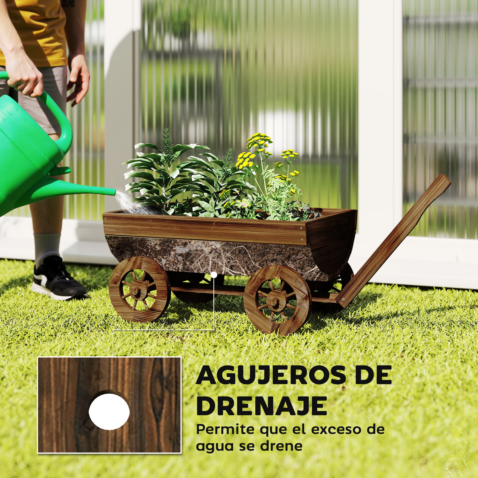 Carrito de Madera Decorativa con 4 Ruedas y Mango, Jardinera Exterior Móvil con Orificio de Drenaje, Macetero Exterior para Cultivos, Plantas, Jardín, Terraza, 115x40x54,5 cm, Carbonizado