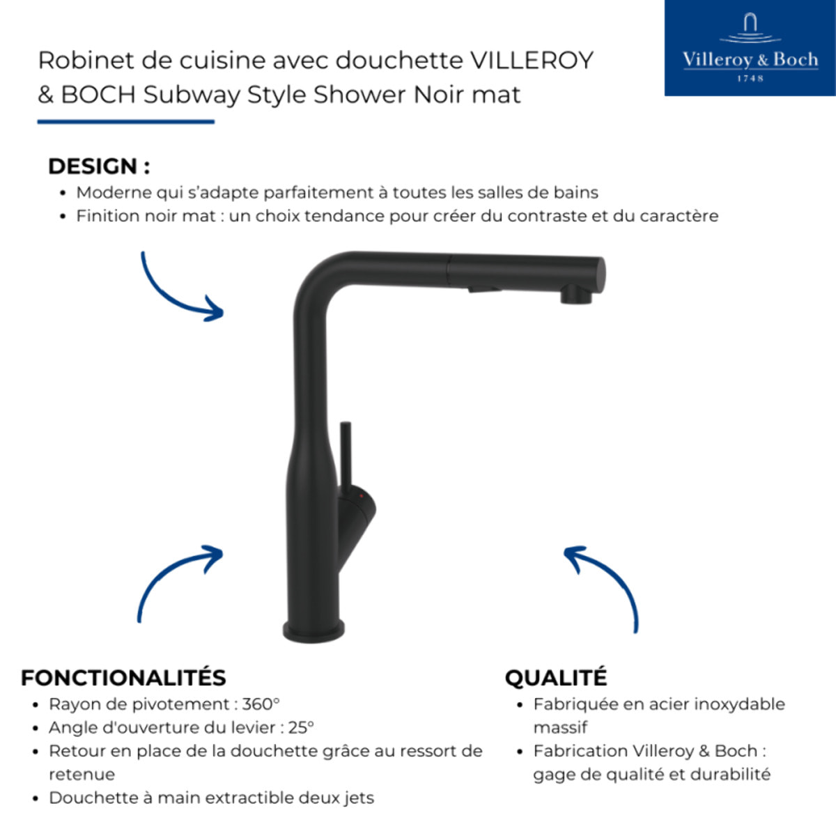 Robinet de cuisine avec douchette VILLEROY & BOCH Subway Style Shower Noir mat